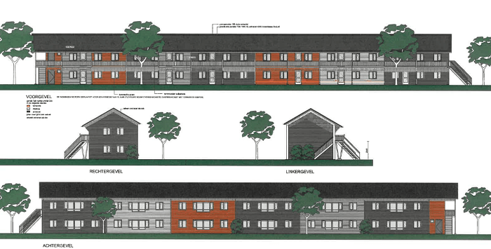 De tijdelijke opvanglocatie voor Oekraïners aan de Parallelweg bestaat uit 3 blokken van 12 woningen.